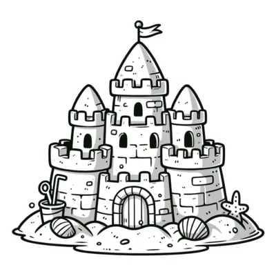 Ilustración detallada de un castillo de arena con múltiples torres, una bandera y accesorios de playa.