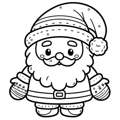 Black and white line drawing of a cartoon santa claus.