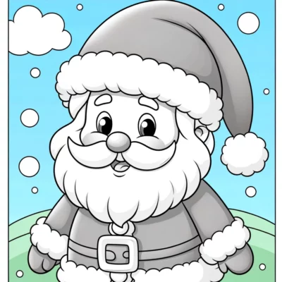 Illustration of a cheerful santa claus with a snowy backdrop.