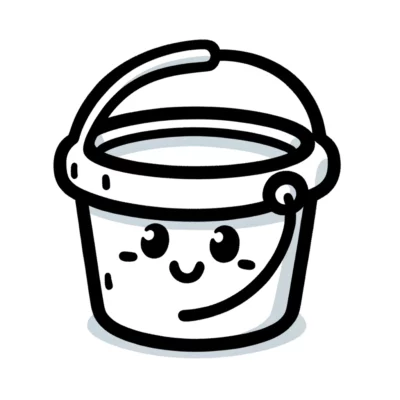 A cartoon illustration of a smiling bucket with a cute face.