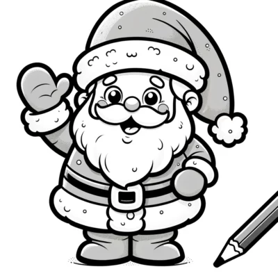 Black and white illustration of a cartoon santa claus waving, with a pencil placed alongside the drawing.