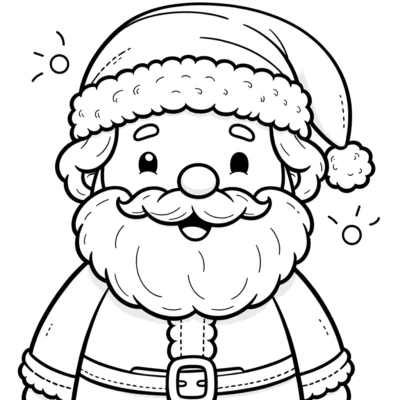 Black and white line drawing of a cheerful santa claus.