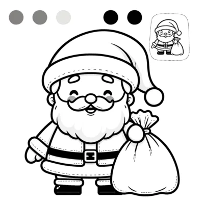 Black and white coloring page of a smiling cartoon santa claus holding a sack.
