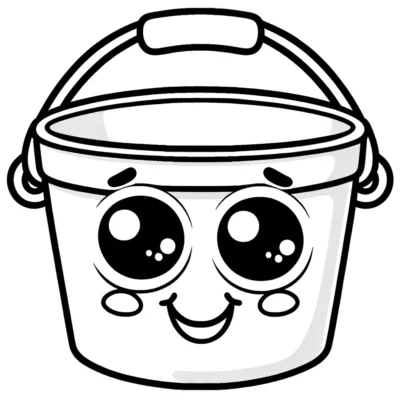 An illustration of a smiling cartoon bucket with large, expressive eyes and a cheerful face.