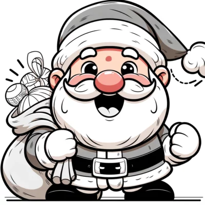 Illustration eines fröhlichen Cartoon-Weihnachtsmanns, der einen Sack voller Geschenke trägt.