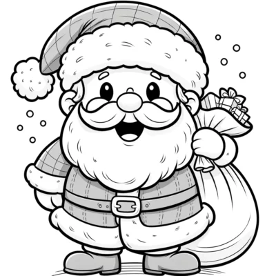 Black and white illustration of a cheerful santa claus carrying a sack over his shoulder.