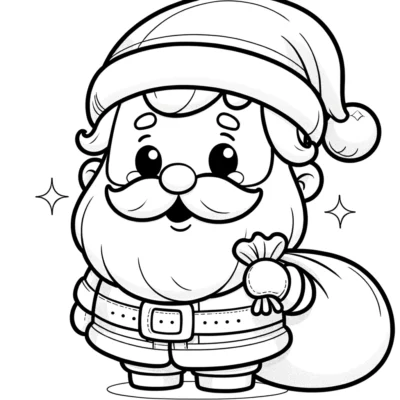 Ilustración en blanco y negro de un Papá Noel de dibujos animados con un saco al hombro.