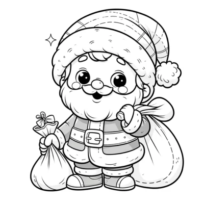 Ilustración de un alegre dibujo animado de Papá Noel sosteniendo un saco de regalos.