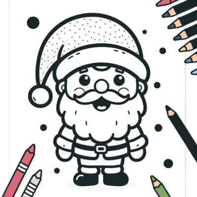 A santa claus coloring page with crayons.
