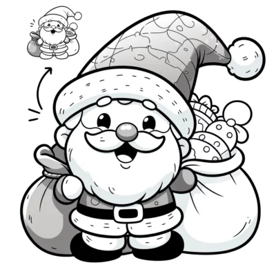 Un Papá Noel de dibujos animados sosteniendo una bolsa de regalos.
