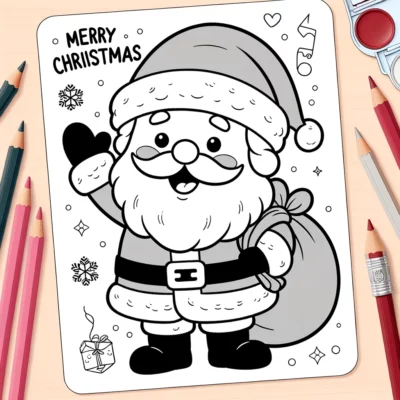 A santa claus coloring page with pencils and crayons.