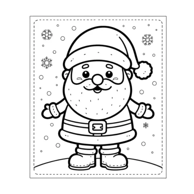 A santa claus coloring page with snowflakes.