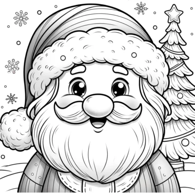 A santa claus coloring page in black and white.