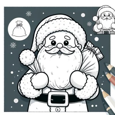 Papá Noel sosteniendo una bolsa de regalos sobre un fondo gris.