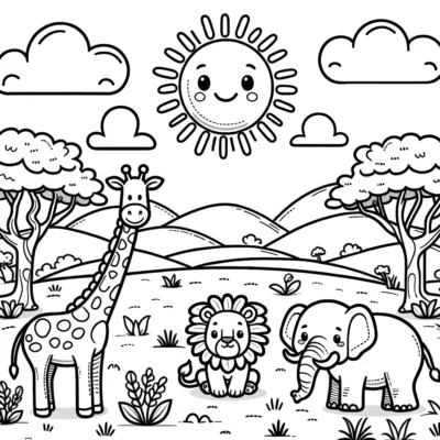 Una página para colorear en blanco y negro que presenta un sol sonriente, una jirafa, un león y un elefante en un paisaje de sabana simplista.