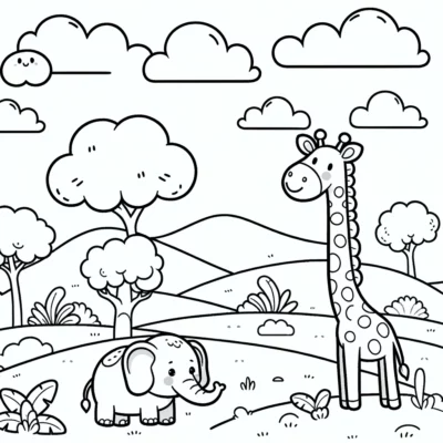 A black and white coloring book illustration featuring a giraffe and an elephant in a scenic landscape with trees, clouds, and hills.