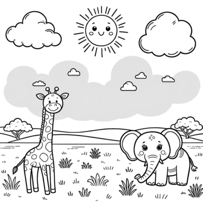 A giraffe and an elephant in a sunny, cartoonish savanna landscape with clouds in the sky.