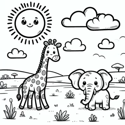 A black and white illustration of a smiling giraffe and elephant under a sunny sky with clouds.