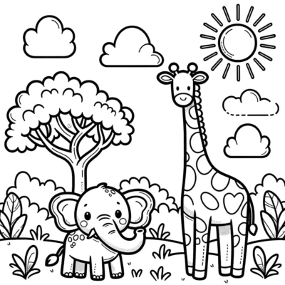 A black and white illustration of a smiling elephant and giraffe under the sun with trees and clouds in the background.