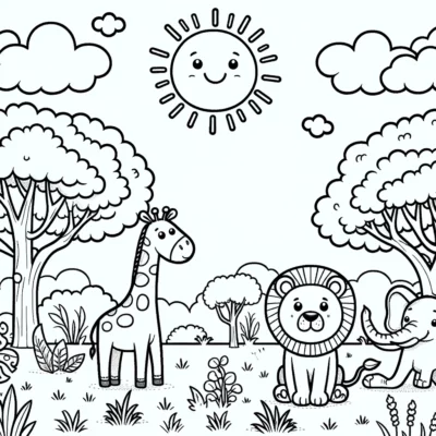 A black and white coloring page featuring a cartoon sun, giraffe, lion, and elephant in a playful jungle setting.