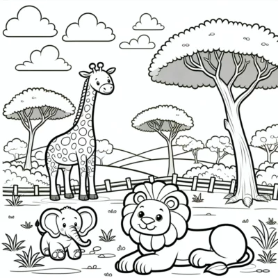 Schwarz-weiße Malseite mit Cartoon-Illustrationen einer Giraffe, eines Löwen und eines Elefanten in einer Savannenumgebung.