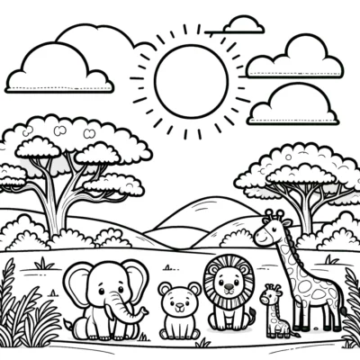 A black and white coloring page featuring safari animals including an elephant, lion, giraffe, and a cub, with trees, clouds, and the sun in the background.