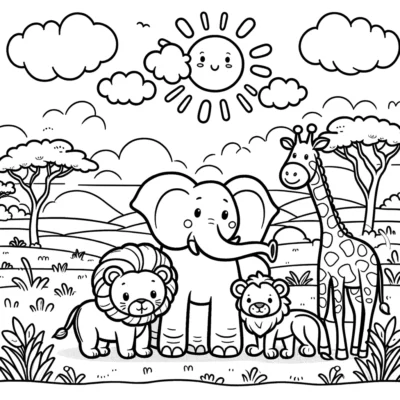 Un dibujo lineal en blanco y negro de un sol sonriente sobre una escena alegre con animales de dibujos animados, incluidos un elefante, una jirafa, un león y un cachorro de león en un paisaje cubierto de hierba con árboles y nubes.