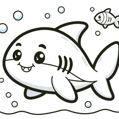 A cartoon shark coloring page with bubbles and fish.