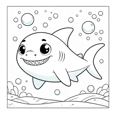 Un dibujo para colorear de tiburones con burbujas y burbujas.