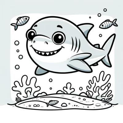 A cartoon shark is swimming in the ocean.