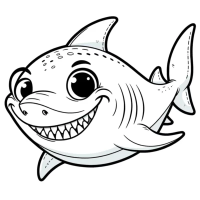 Un tiburón de dibujos animados sobre un fondo blanco.