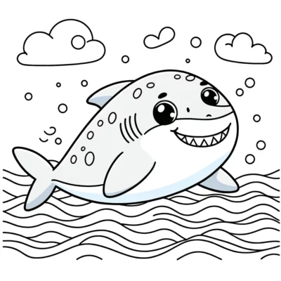 Dibujo para colorear de un tiburón de dibujos animados nadando en el océano.