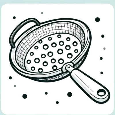 A black and white illustration of a frying pan.