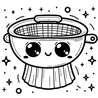 A black and white drawing of a kawaii frying pan.