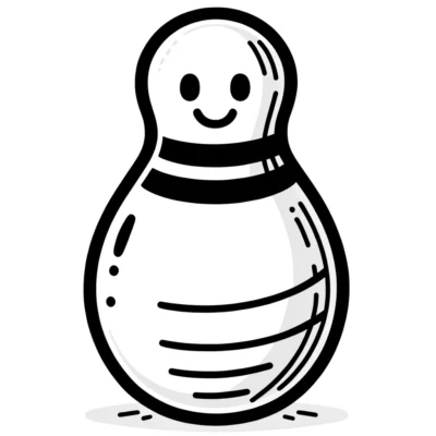 Illustration of a smiling bowling pin with a simple face.