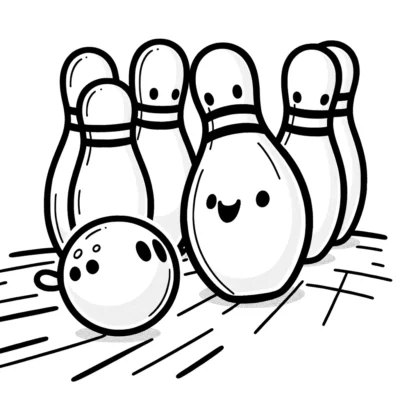 Ein lächelnder Bowlingkegel vor anderen mit einer Bowlingkugel in der Nähe, alles in einer Illustration im Cartoon-Stil.