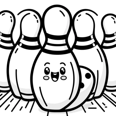 A smiling bowling pin character in front of other pins in a black and white illustration.