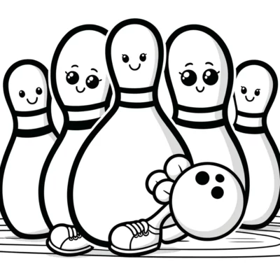 A black and white illustration of smiling bowling pins and a bowling ball with anthropomorphic features.
