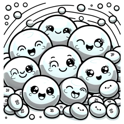 A group of cartoon bubbles with various happy facial expressions and numbers on them.