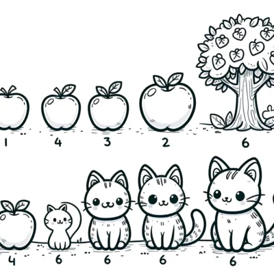 A line of cats and apples.