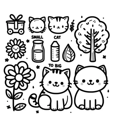 A black and white drawing of cats and flowers.