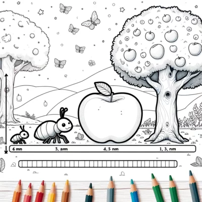 Coloring book with pencils and an apple and a tree.