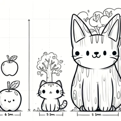 Eine Zeichnung einer Katze und eines Apfels.