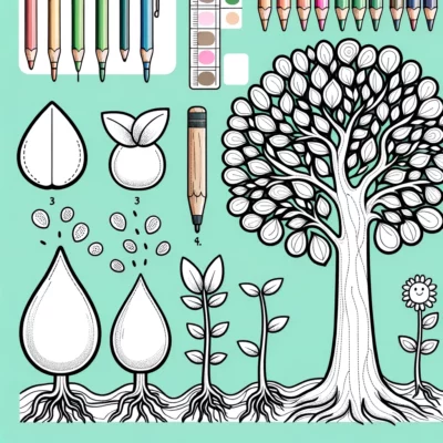 A coloring page with a tree and pencils.