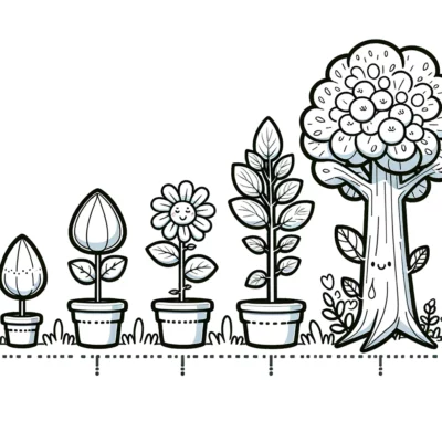 Un dibujo de garabato de un árbol con plantas en macetas.