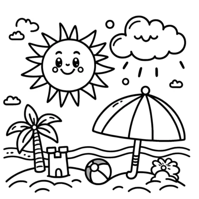 A coloring page with a sun, umbrella and beach ball.