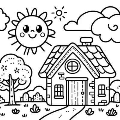 A house coloring page with a sun and trees.