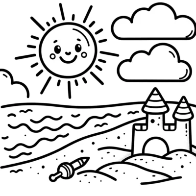 Sand castle and sun coloring pages.