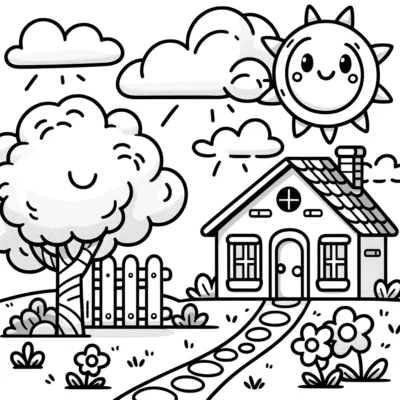 A black and white drawing of a house and a sun.
