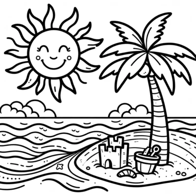 A beach coloring page with a sun and sand.
